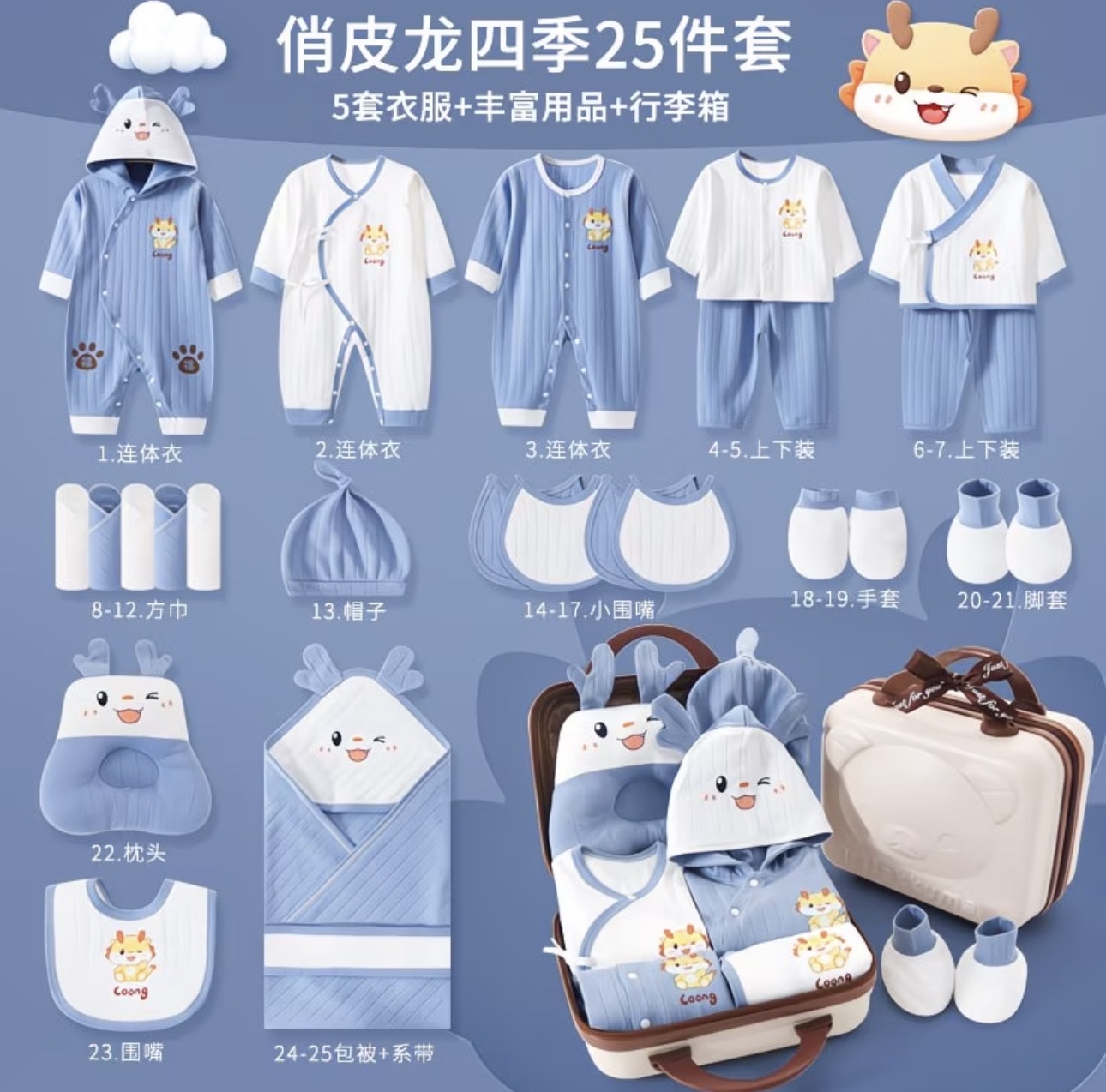 Coffret cadeau naissance bébé 25 pièces motif dragon espiègle, collection toutes saisons (bleu / rose / beige)