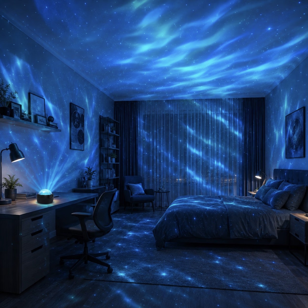 Projecteur lumière aurore boréale ciel étoilé, lampe d’ambiance multifonction changeante de couleur
