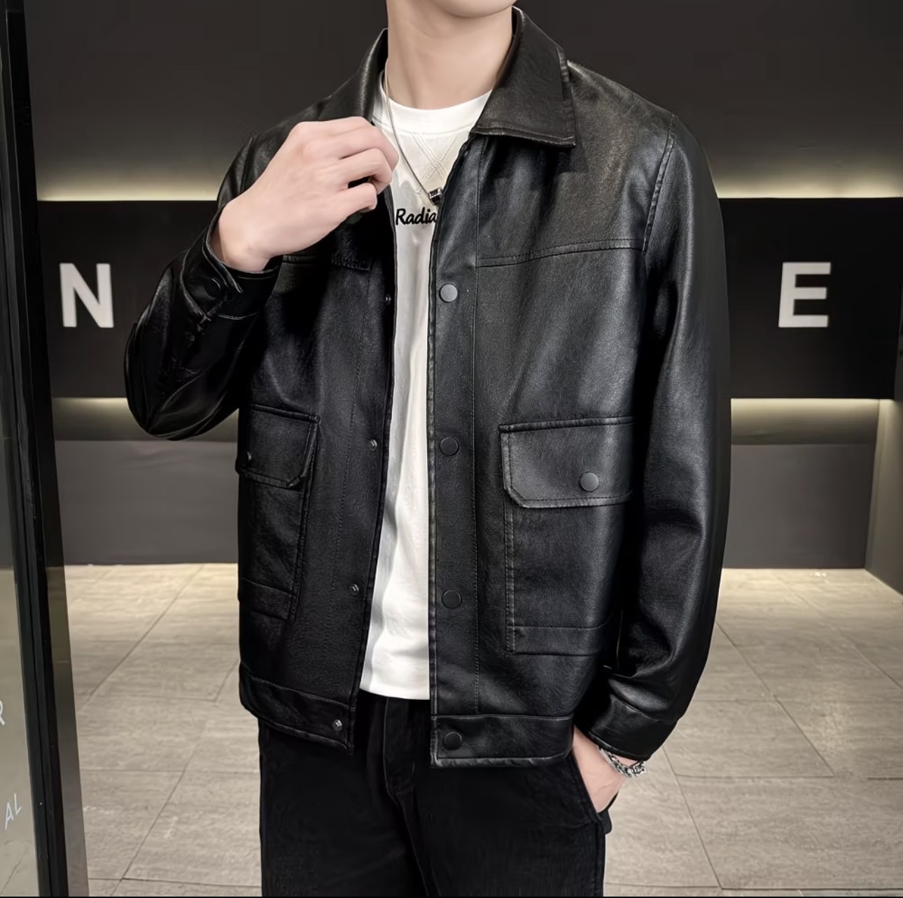 Blouson cuir style trucker homme slim automne (sans doublure chaude)