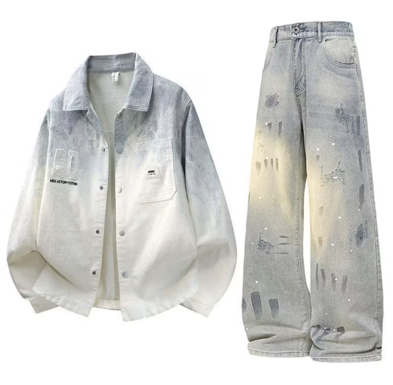Ensemble tenue homme 2 pièces chemise veste denim dégradé tie & dye + pantalon large vintage effet usé