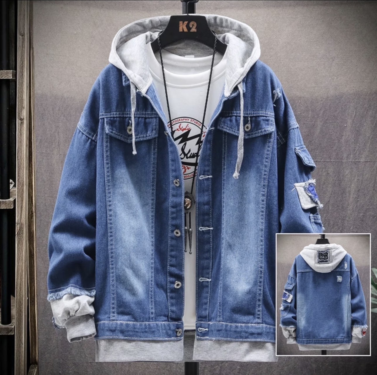 Veste jean homme à capuche amovible style streetwear déchiré