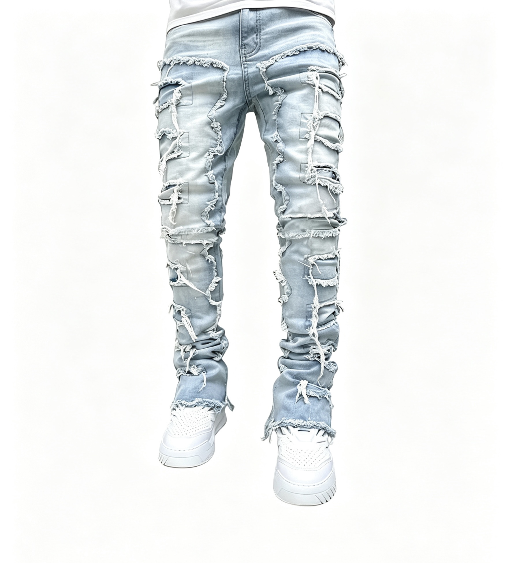 Pantalon jean flare homme à patchs effilochés streetwear