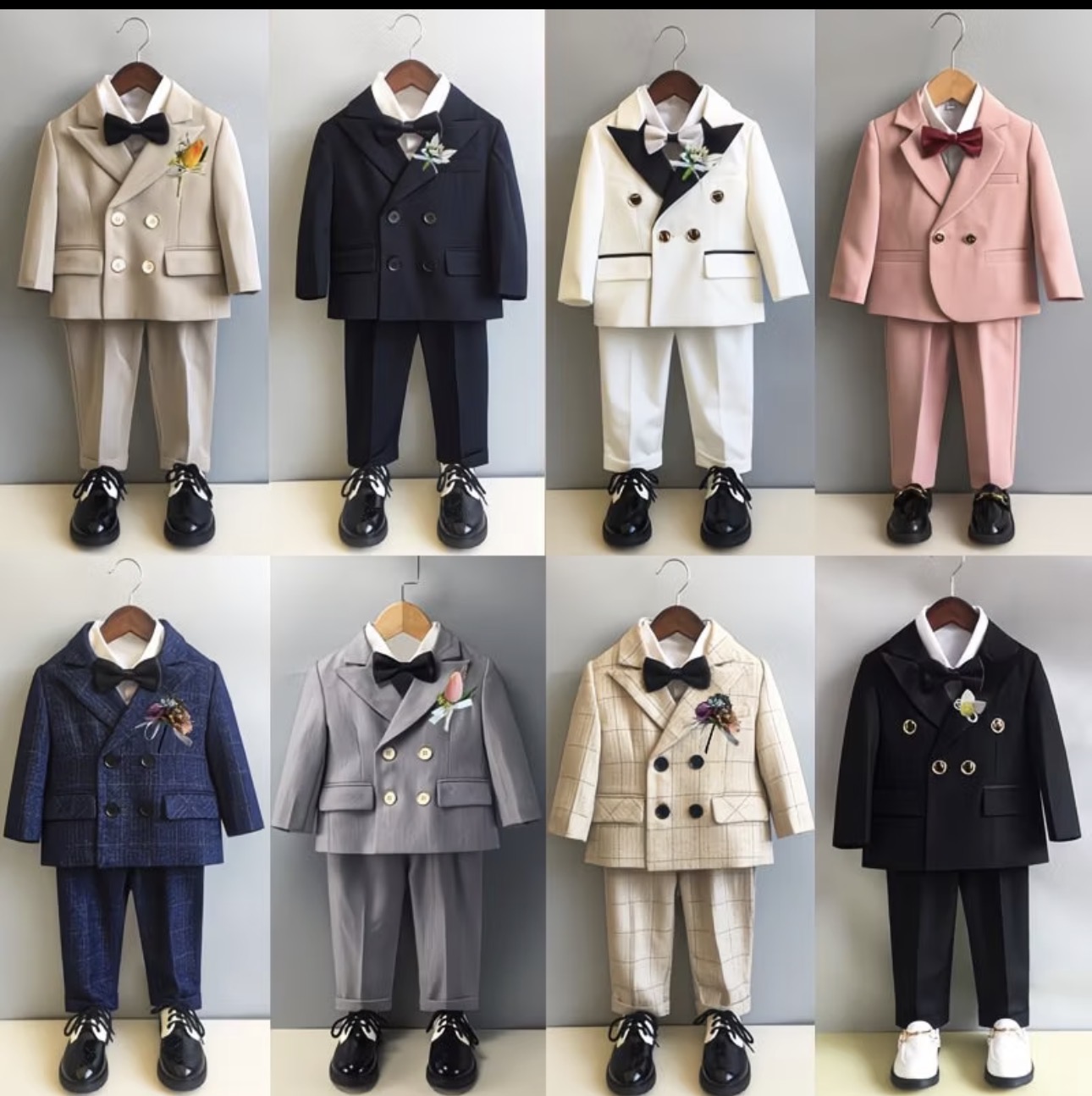 Costume de cérémonie garçon 6 pièces (blazer + gilet + pantalon + chemise + nœud papillon + fleur de poitrine), disponible version été et doublé polaire hiver