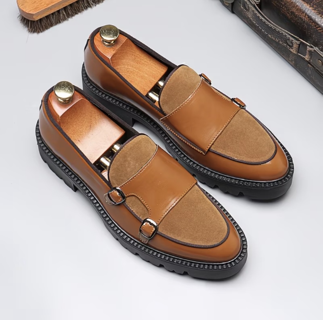 Mocassins double boucle bicolores cuir daim semelle chunky homme