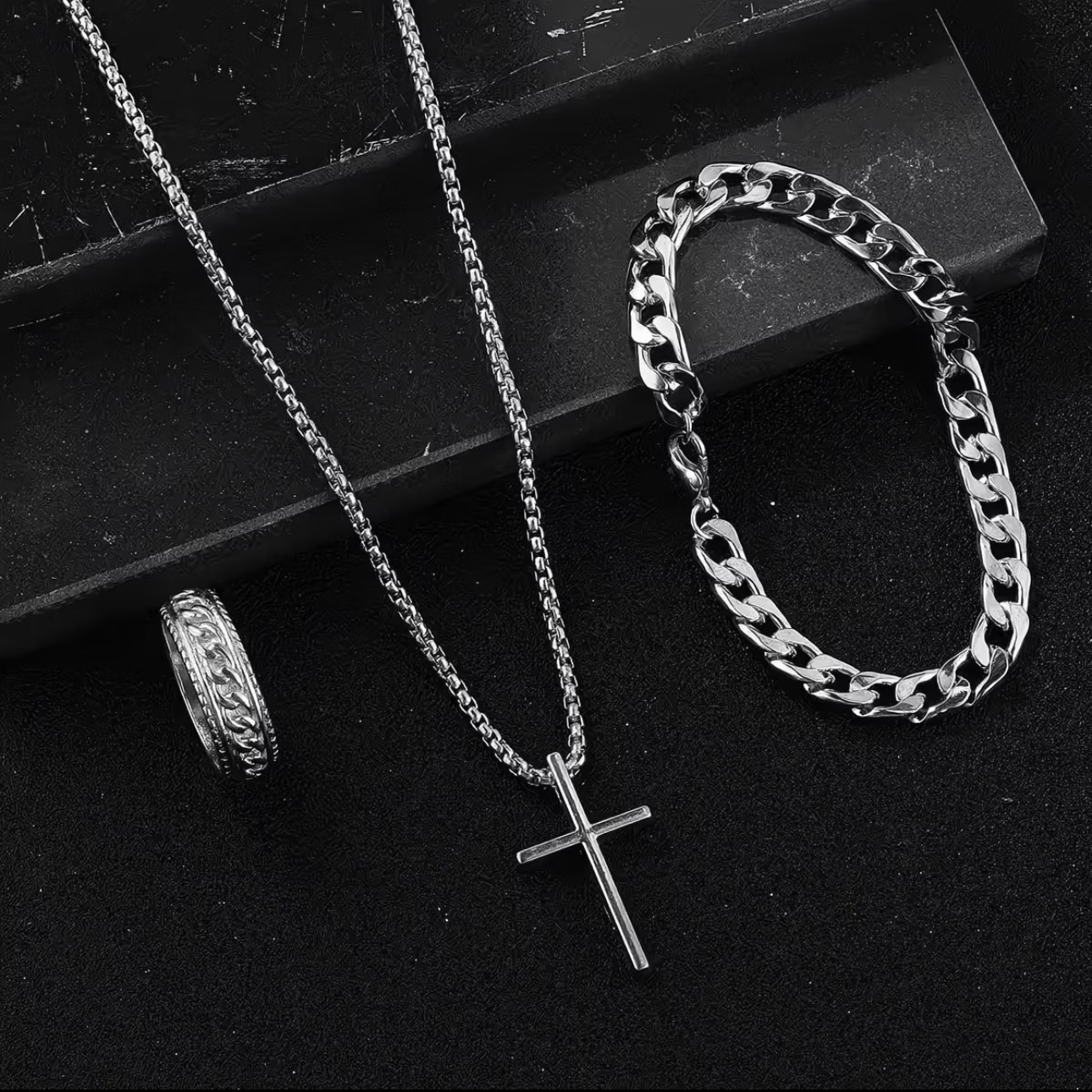 Ensemble bijoux homme croix (collier, bracelet, bague)