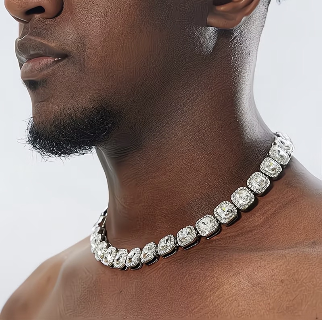 Collier choker homme à pierres carrées brillantes style hip-hop