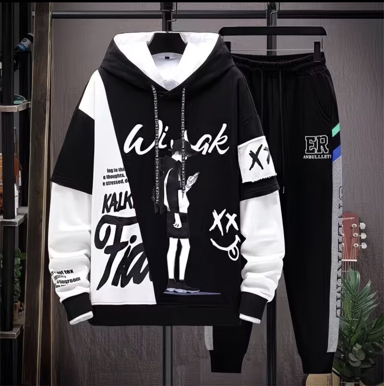 Ensemble survêtement homme streetwear sweat à capuche + jogging imprimé manga