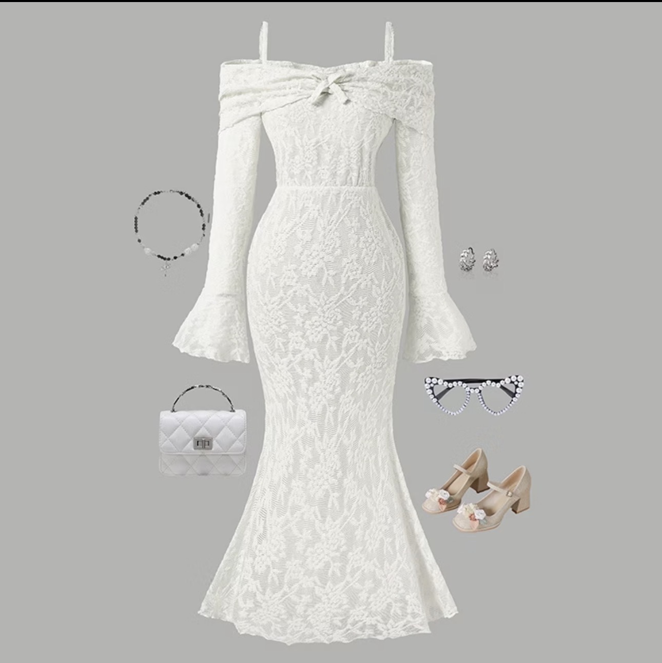 Robe sirène en dentelle épaules dénudées avec nœud et manches cloche